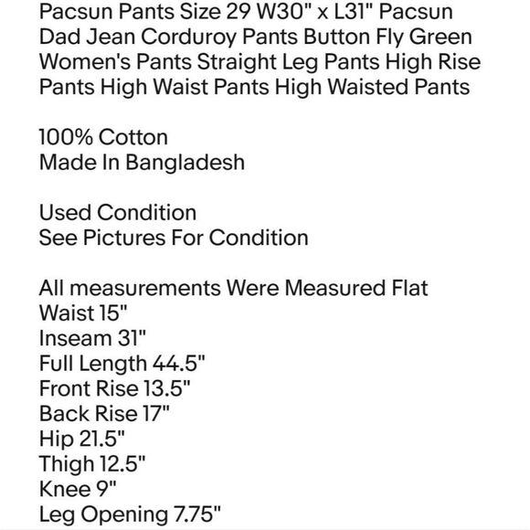 Pacsun Pants Size 29 W30" x L31" Pacsun Dad Jean Corduroy Pants Button Fly Green - Picture 2 of 8
